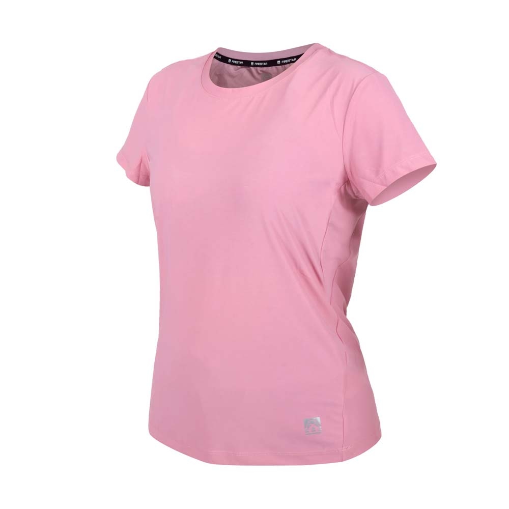 FIRESTAR 女彈性圓領短袖T恤-慢跑 路跑 涼感 運動 上衣 反光 DL261-43 粉紅