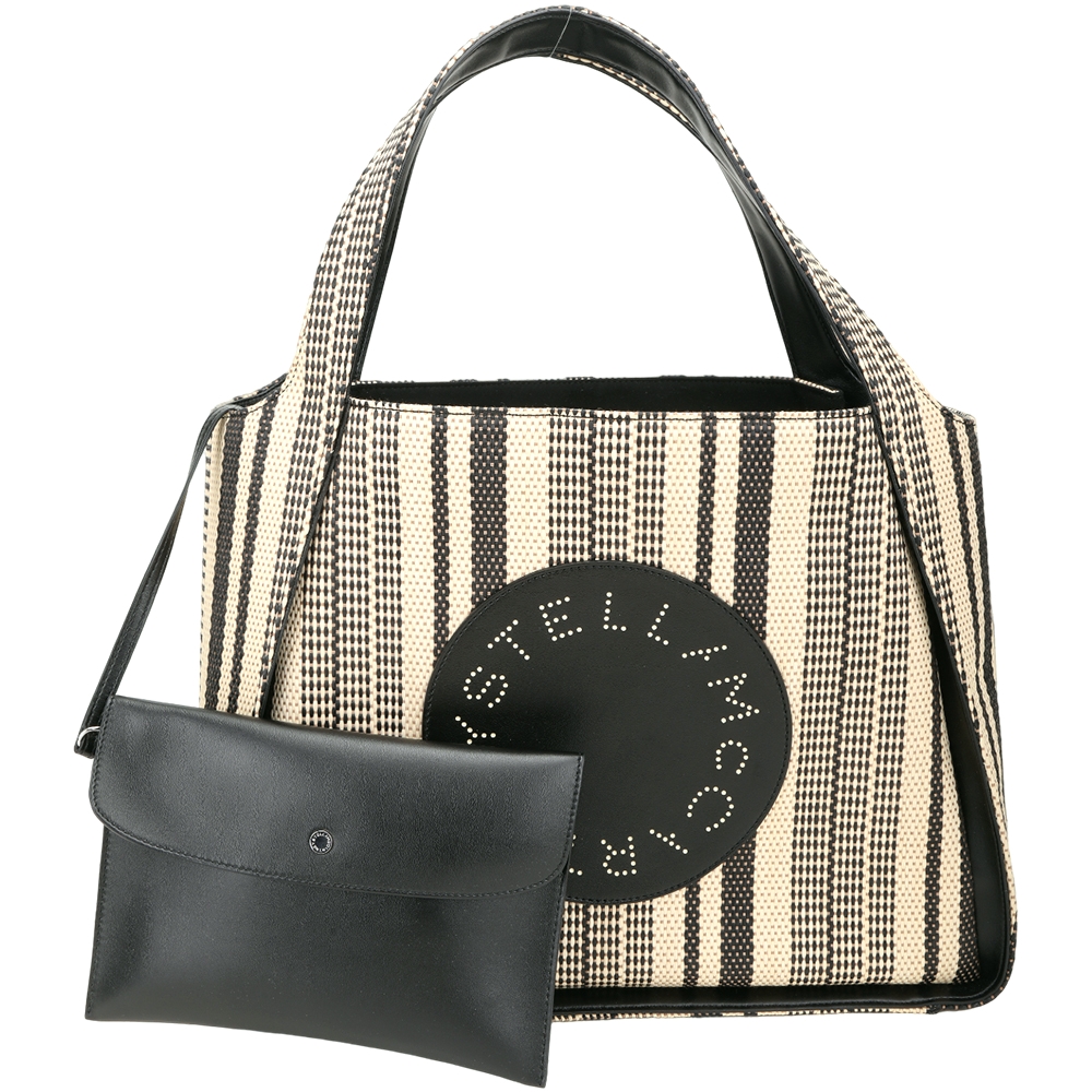 Stella McCartney 品牌標誌條紋椰葉編織手提托特包(米黑色)
