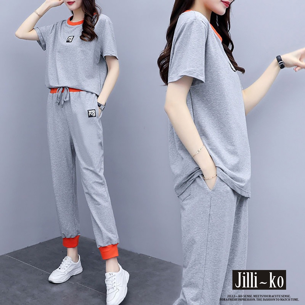 JILLI-KO 兩件套撞色寬鬆時尚休閒運動套裝- 灰色