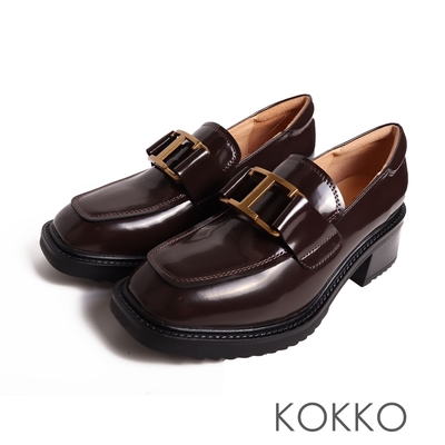 KOKKO學院風復古款飾釦厚底樂福鞋棕色
