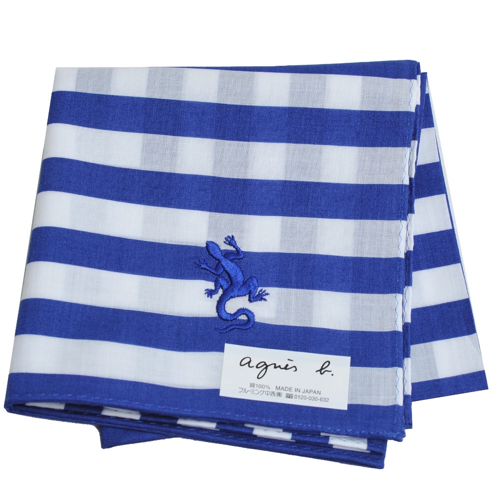 agnes b 條紋品牌蜥蜴圖騰LOGO刺繡帕領巾(寶藍/白底)