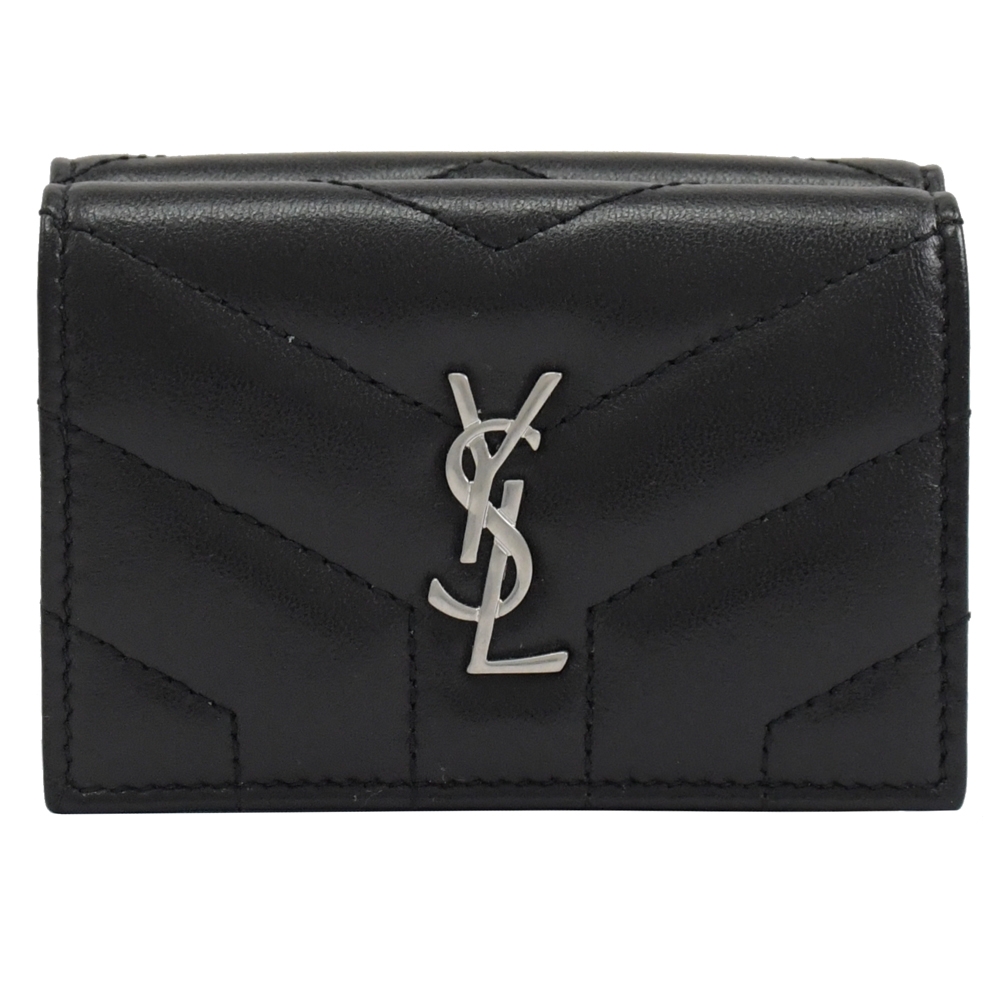 YSL Saint Laurent  金屬LOGO小牛皮三折釦式小短夾(黑/銀)