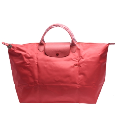 LONGCHAMP 經典Le Pliage刺繡摺疊暗釦/拉鍊短提把尼龍水餃包(L-石榴色)