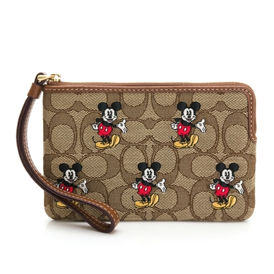 COACH Disney米老鼠皮革/緹花手拿包（緹花LOGO咖）