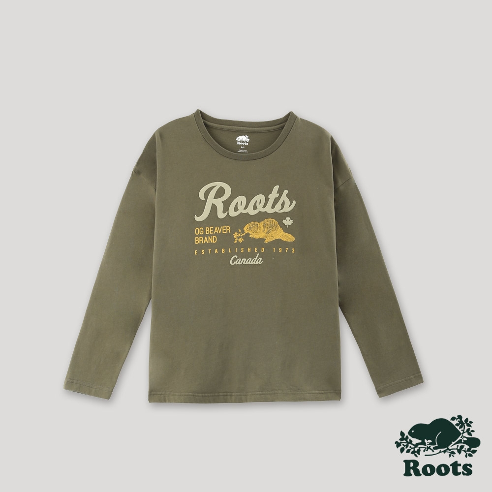 Roots 女裝-經典傳承系列 寬版長袖T恤-深綠色