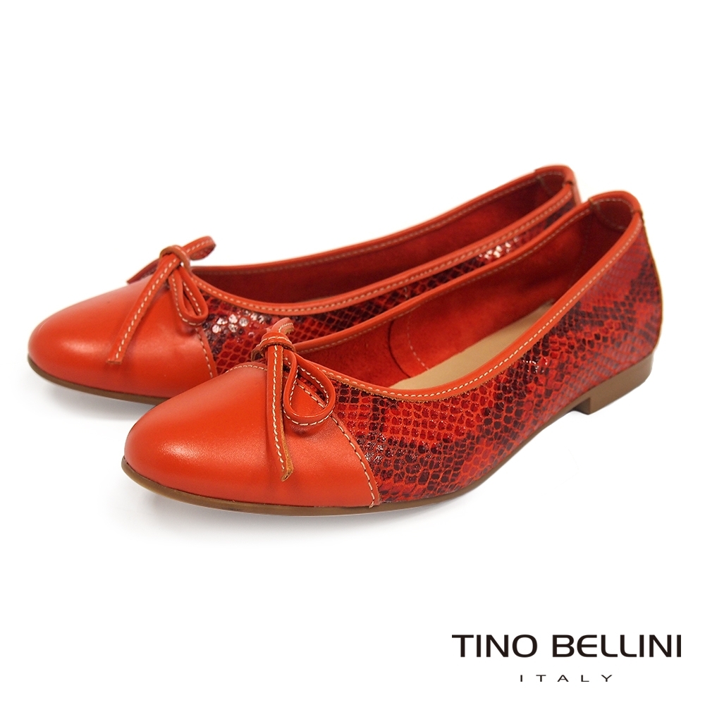 Tino Bellini 典雅氣質蝴蝶結蛇紋牛皮質平底鞋-紅