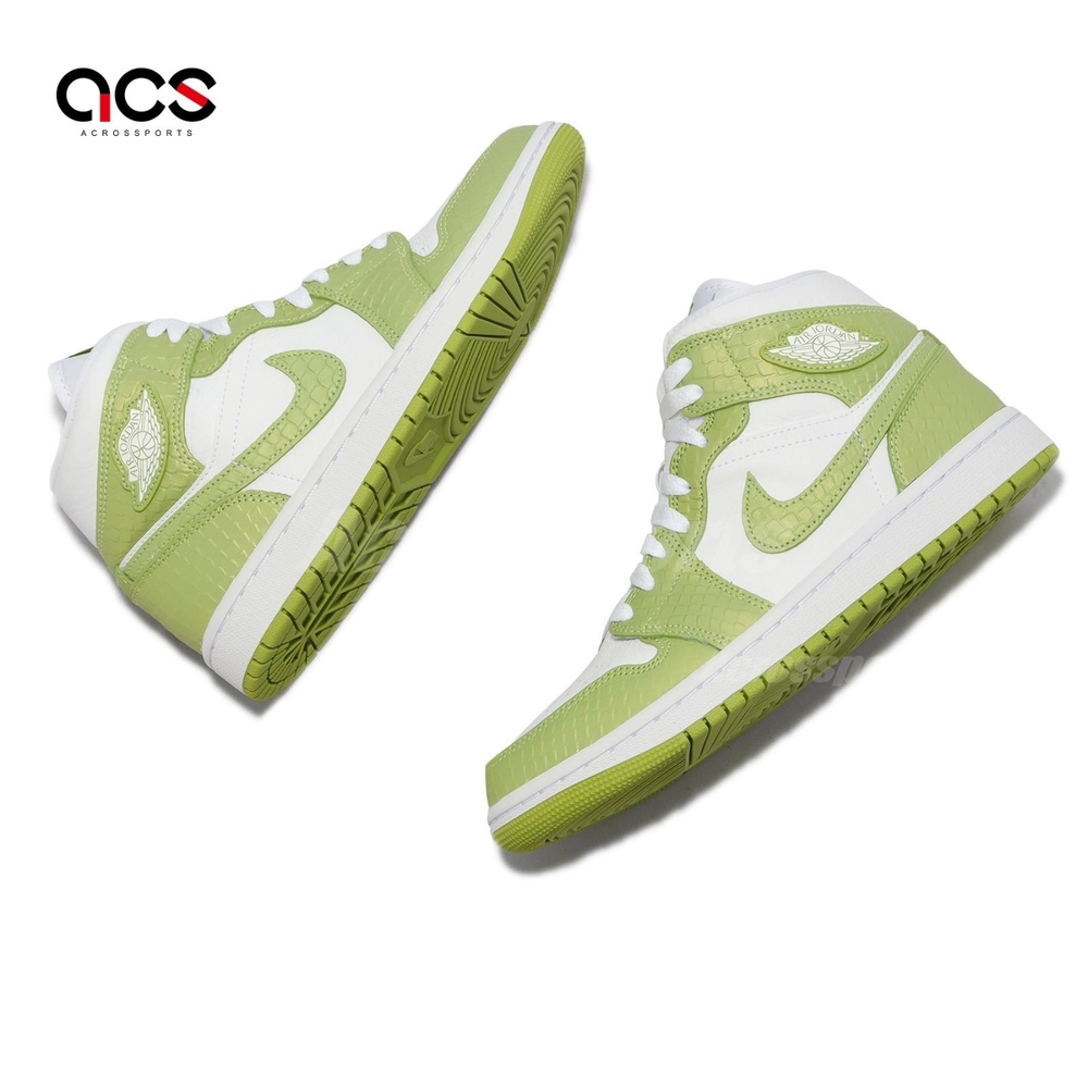 Nike 休閒鞋Wmns Air Jordan 1 Mid SE 白青檸綠女鞋男鞋高筒蛇紋荔枝皮