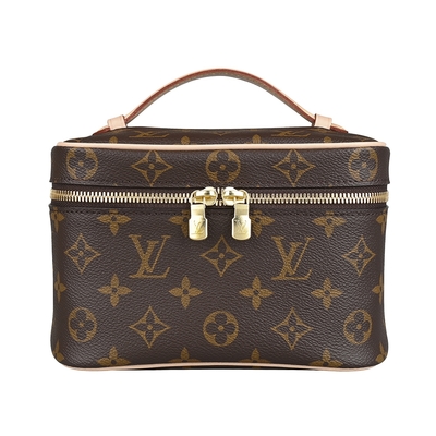 LV Nice Mini滿版印花LOGO塗層帆布結合牛皮拉鍊手提梳洗化妝包(棕褐)