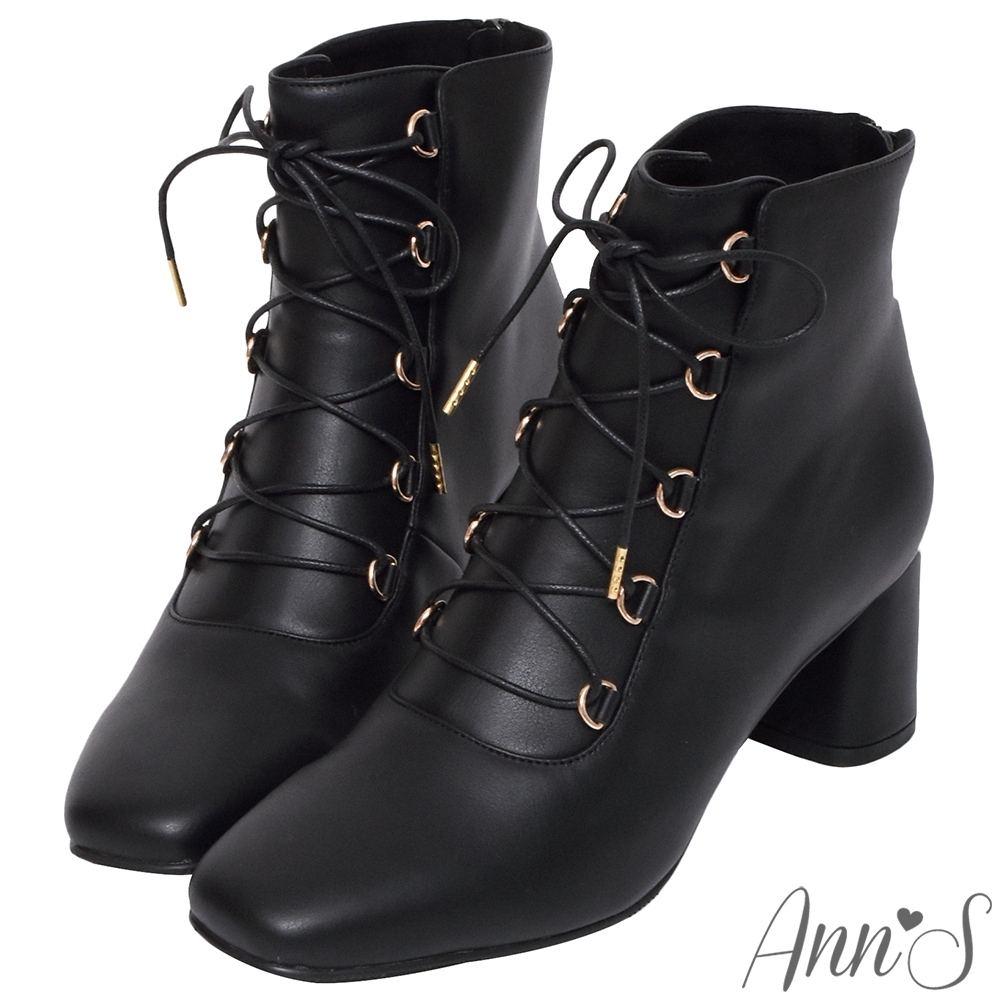 Ann’S腿的馬甲線-金環綁帶方頭粗跟短靴-黑 product image 1