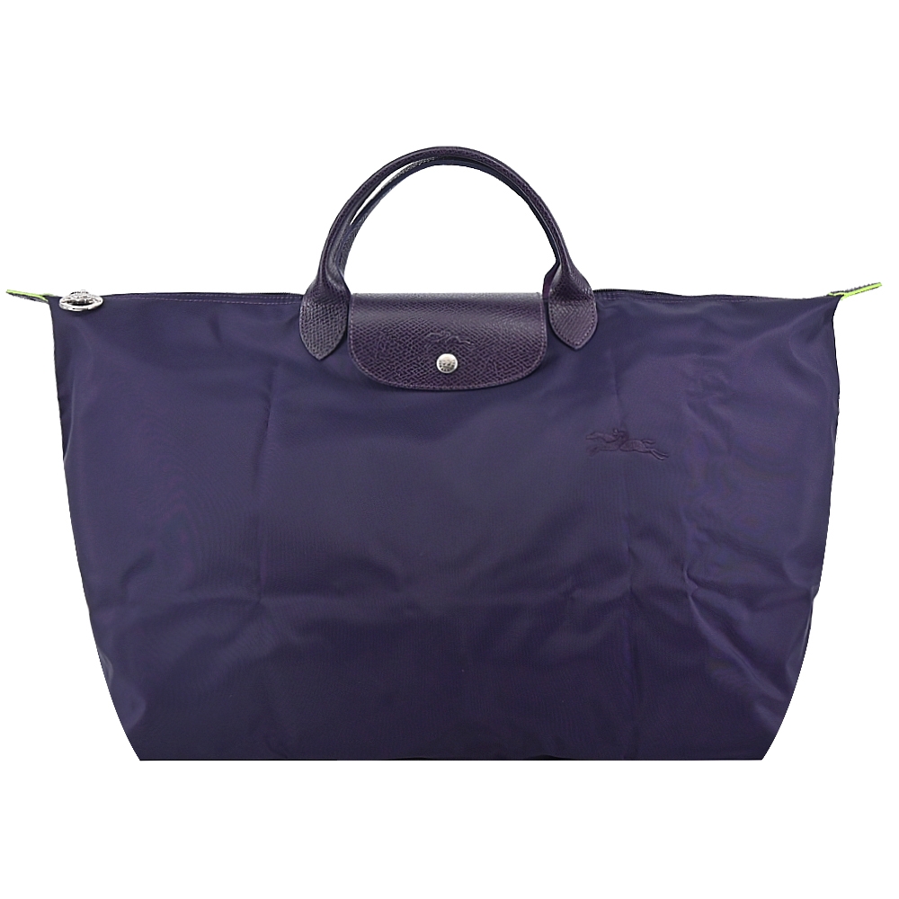 LONGCHAMP LE PLIAGE GREEN系列刺繡短把再生尼龍摺疊旅行袋(小/藍莓)LONGCHAMP