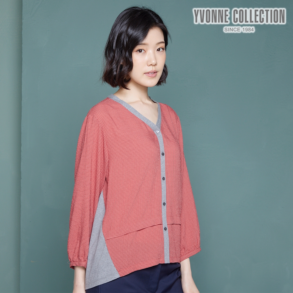 YVONNE COLLECTION 細格紋開襟七分袖上衣-紅