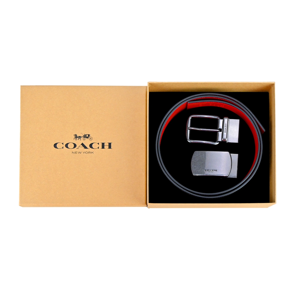 COACH 素面&PVC緹花雙釦頭雙面用皮帶禮盒組(咖啡/紅)