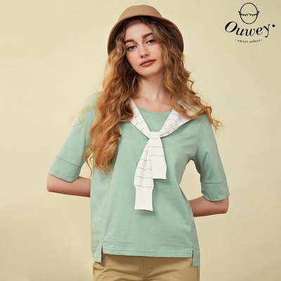 OUWEY歐薇 俏皮兩件式條紋針織披肩純棉上衣(淺綠色；S-L)3223161202
