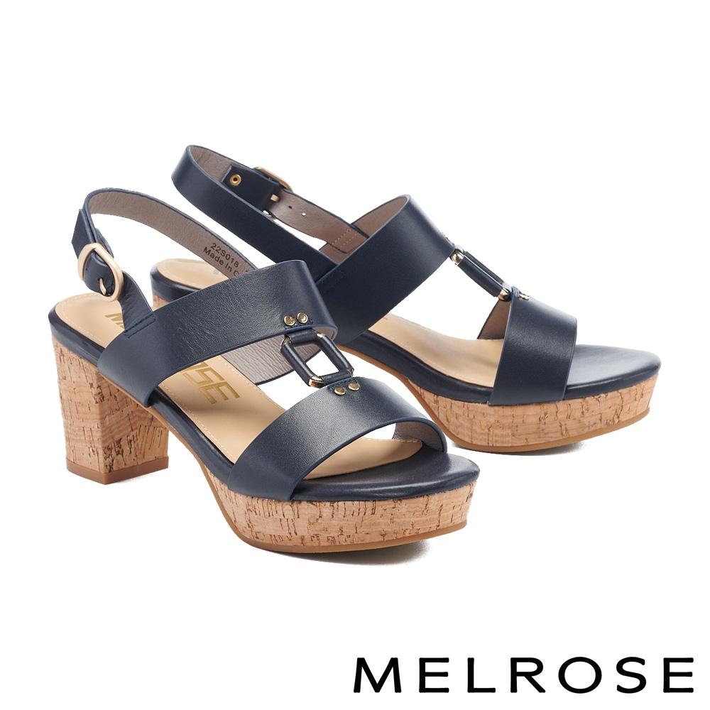 (美腳涼鞋)涼鞋 MELROSE 時髦金屬方釦牛皮一字粗高跟涼鞋－藍 product image 1