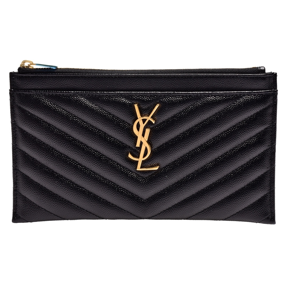 YSL 經典MONOGRAM系列V字縫線魚子醬牛皮金色LOGO拉鍊手拿包(黑)