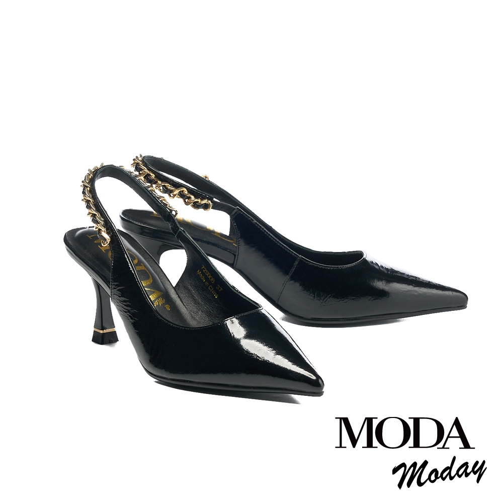 高跟鞋 MODA MODAY 都會時尚鍊條牛皮後繫帶尖頭高跟鞋－黑