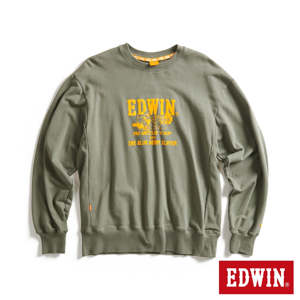 EDWIN 橘標 摔角手E君摔角技寬版厚長袖T恤-男-灰綠色