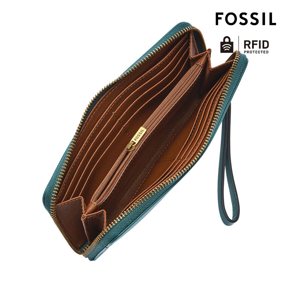 FOSSIL Jori 真皮手環帶拉鍊式RFID防盜長夾-藍綠色SWL3008320 | 長夾