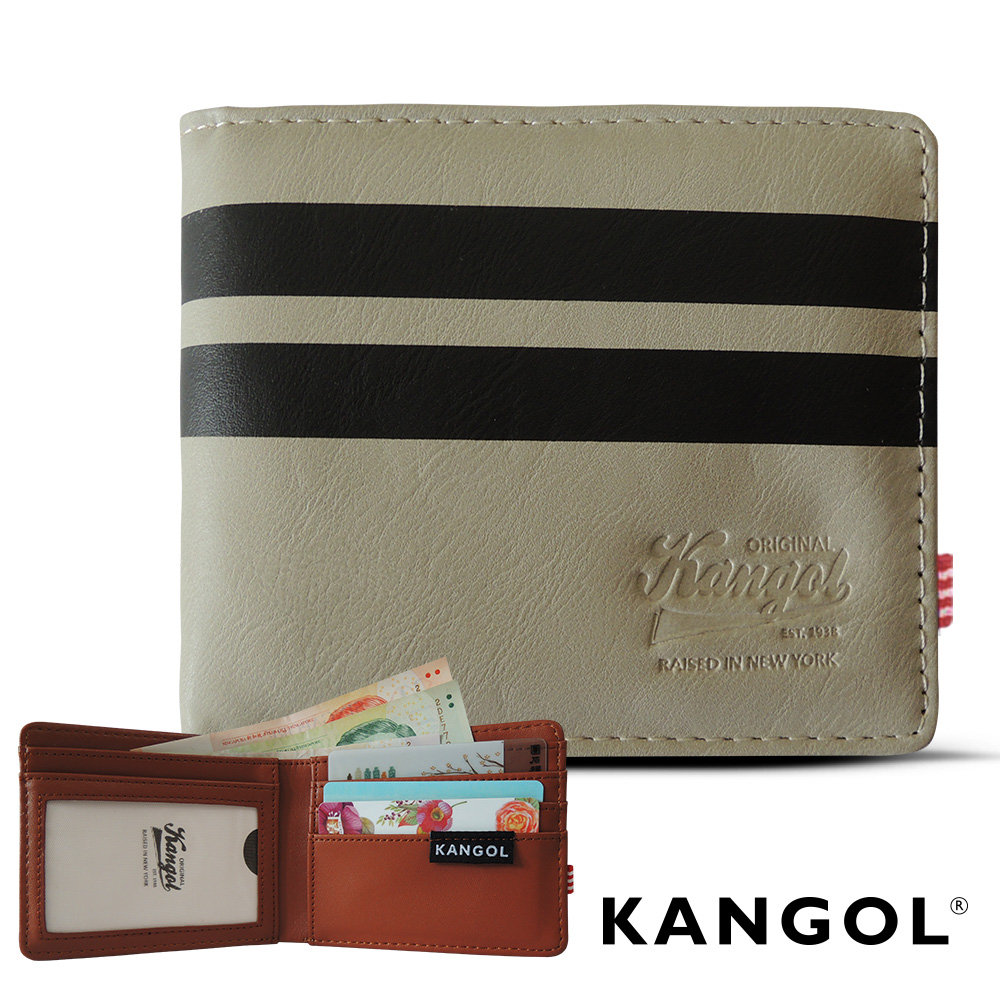 福利品 KANGOL 韓式潮流橫式短皮夾+鑰匙圈禮盒-條紋白