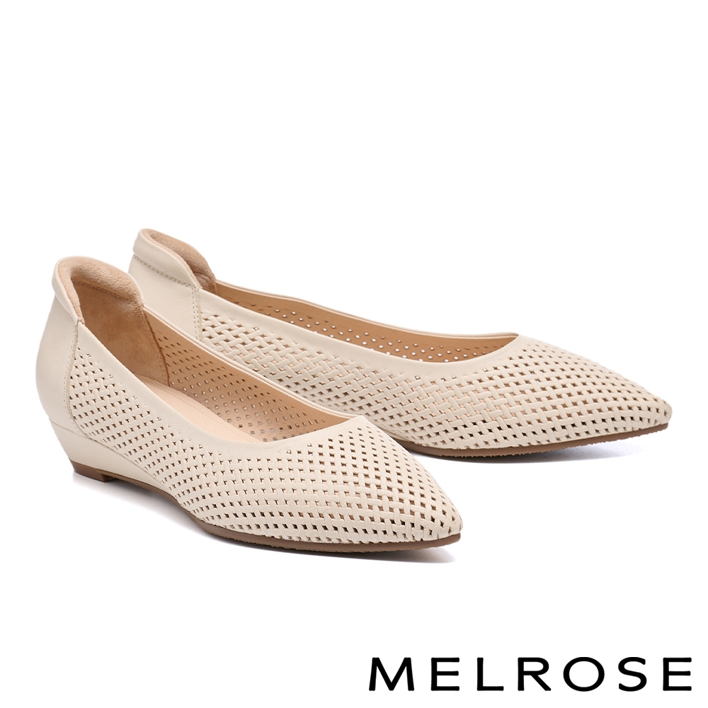 低跟鞋 MELROSE 美樂斯 氣質編織鏤空羊皮尖頭楔型低跟鞋－白