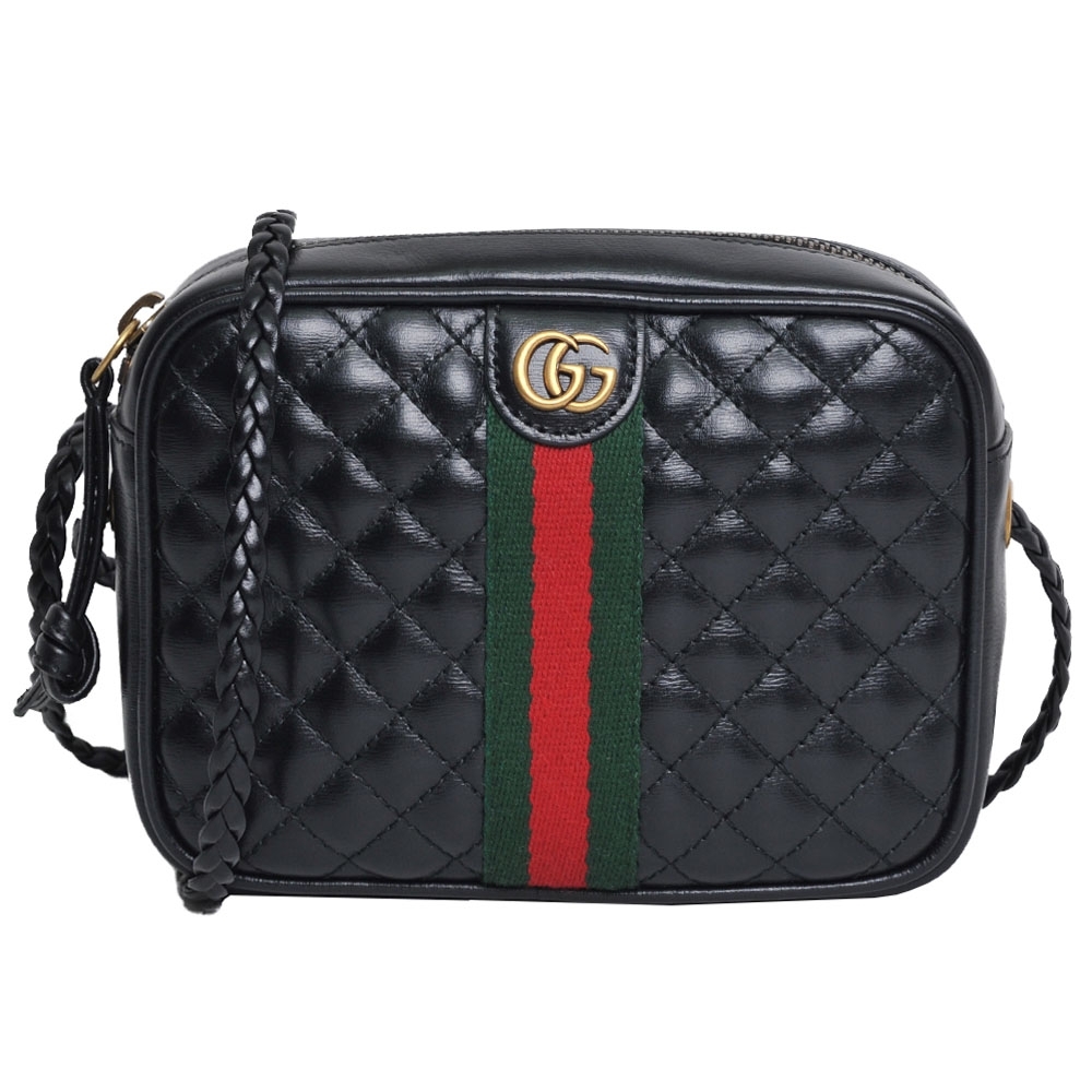 GUCCI Quilted GG LOGO 菱格紋牛皮綠紅綠織帶相機/斜背包(黑/小/536441)