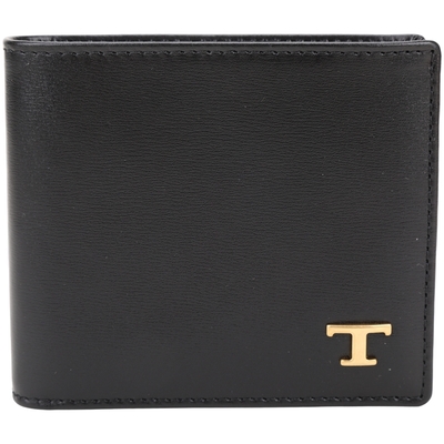 TOD’S Timeless T字金屬8卡牛皮對折短夾(黑色)