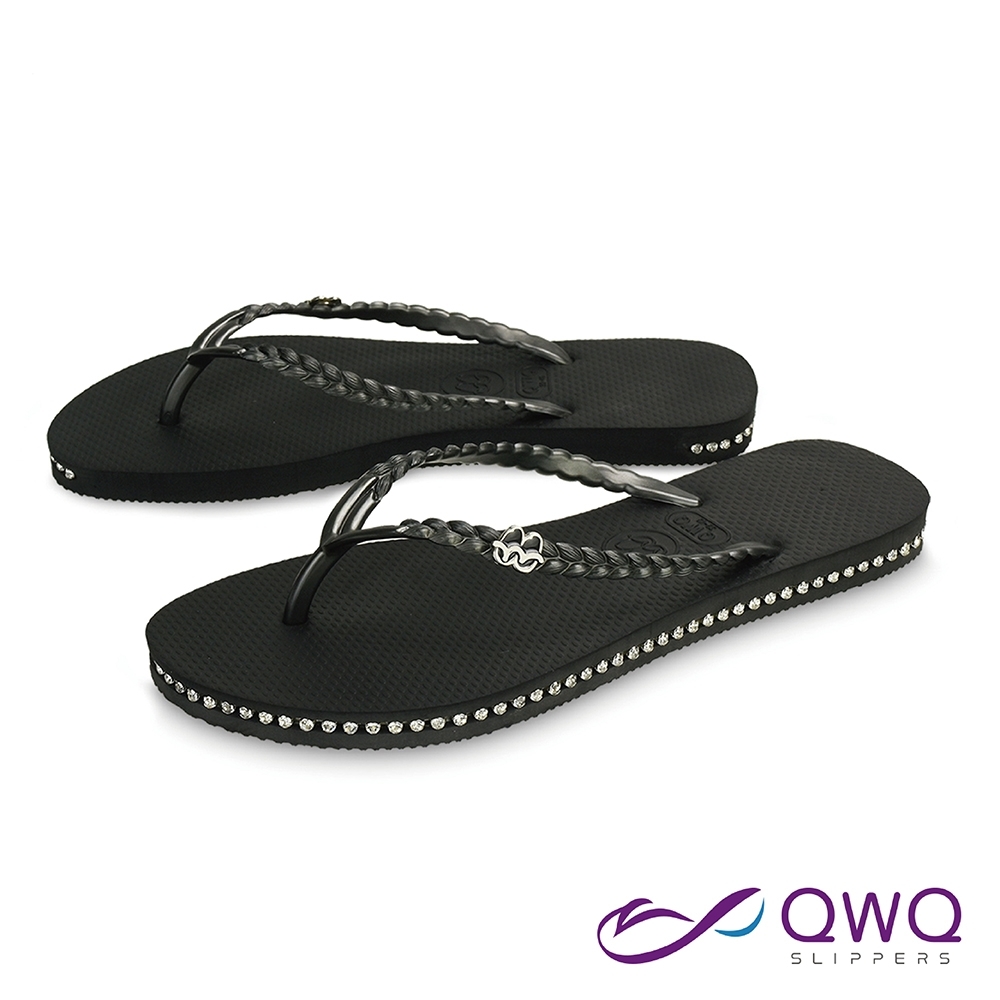 QWQ 璀璨亮麗手工鑲鑽夾腳涼拖鞋-施華洛世奇水晶元素-爵士黑(AEBY00505)