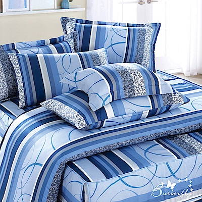 BUTTERFLY-台製40支紗純棉加高30cm薄式雙人床包+雙人鋪棉兩用被-圈圈愛戀-藍