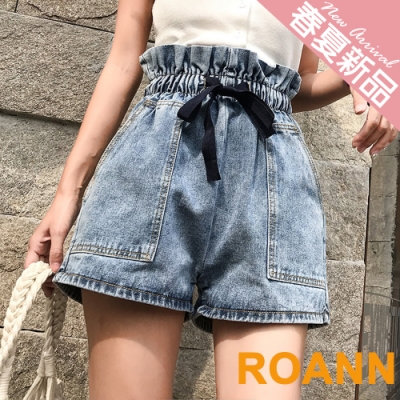 高腰蝴蝶結綁帶花苞牛仔短褲 (藍色)-ROANN