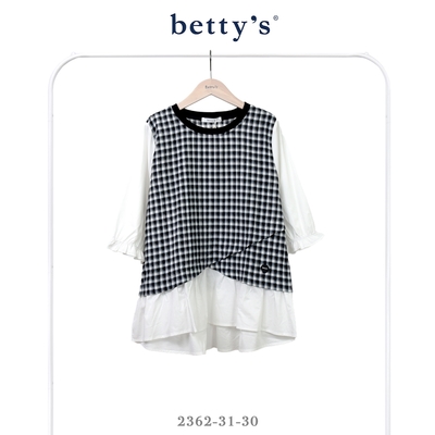 betty’s貝蒂思 格紋拼接七分袖圓領上衣(白色)