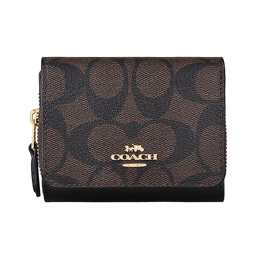 COACH 金字LOGO印花PVC牛皮3卡拉鍊扣式短夾(棕褐x黑)