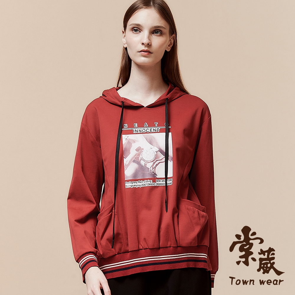 【TOWNWEAR棠葳】美式印圖抽繩棉質帽T(女上衣/口袋/長袖/休閒/前短後長)