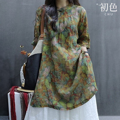 初色 棉麻風復古盤扣半立領五分袖中長裙連衣裙連身洋裝-綠色-33663(M-2XL可選)