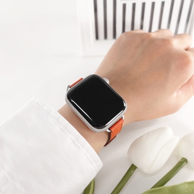 Apple Watch 全系列通用錶帶 蘋果手錶替用錶帶 荔枝皮紋 同寬 真皮錶帶-橘色