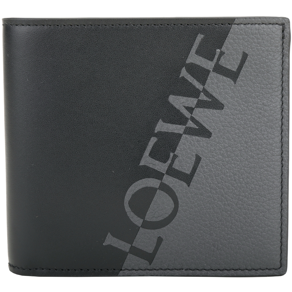 LOEWE 雙色字母牛皮對折8卡短夾(黑灰色)