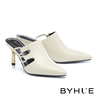 穆勒鞋 BYHUE 簡約大人系時髦簍空牛皮軟芯尖頭高跟穆勒拖鞋－米白