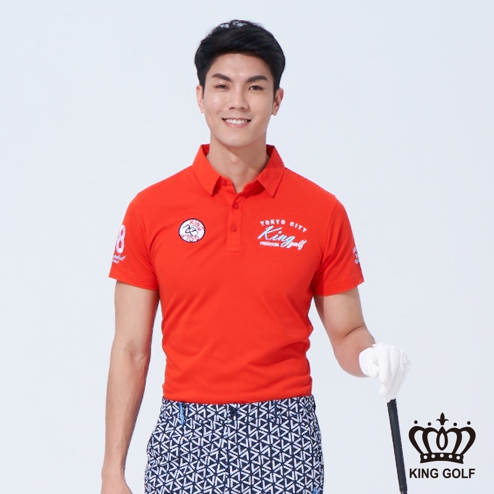 【KING GOLF】男款簡約素面刺繡徽章造型POLO衫/高爾夫球衫-紅色