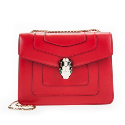 BVLGARI 寶格麗Serpenti系列FOREVER牛皮琺瑯蛇頭掀蓋方包（洋紅碧玉色）