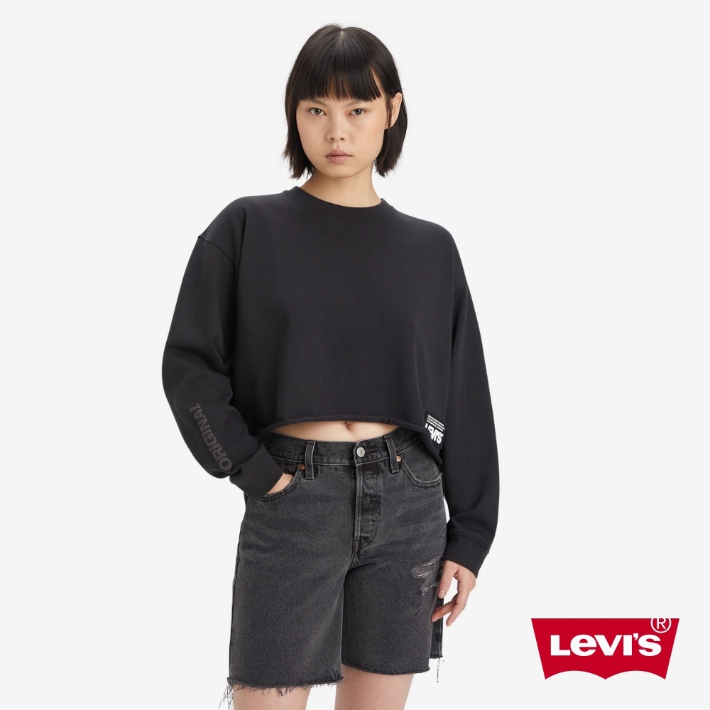 Levis 青春活力系列 女款 寬鬆落肩短版大學T / 未加工剪裁下擺/ 背面Logo標語 魚子黑