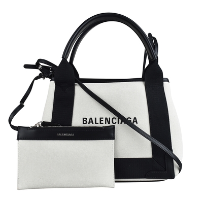 Balenciaga CABAS經典LOGO標誌皮革滾邊帆布手提斜背子母包(XS/白x黑)