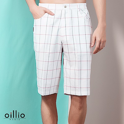 oillio歐洲貴族 休閒透氣純棉短褲 簡約素面格紋 白色