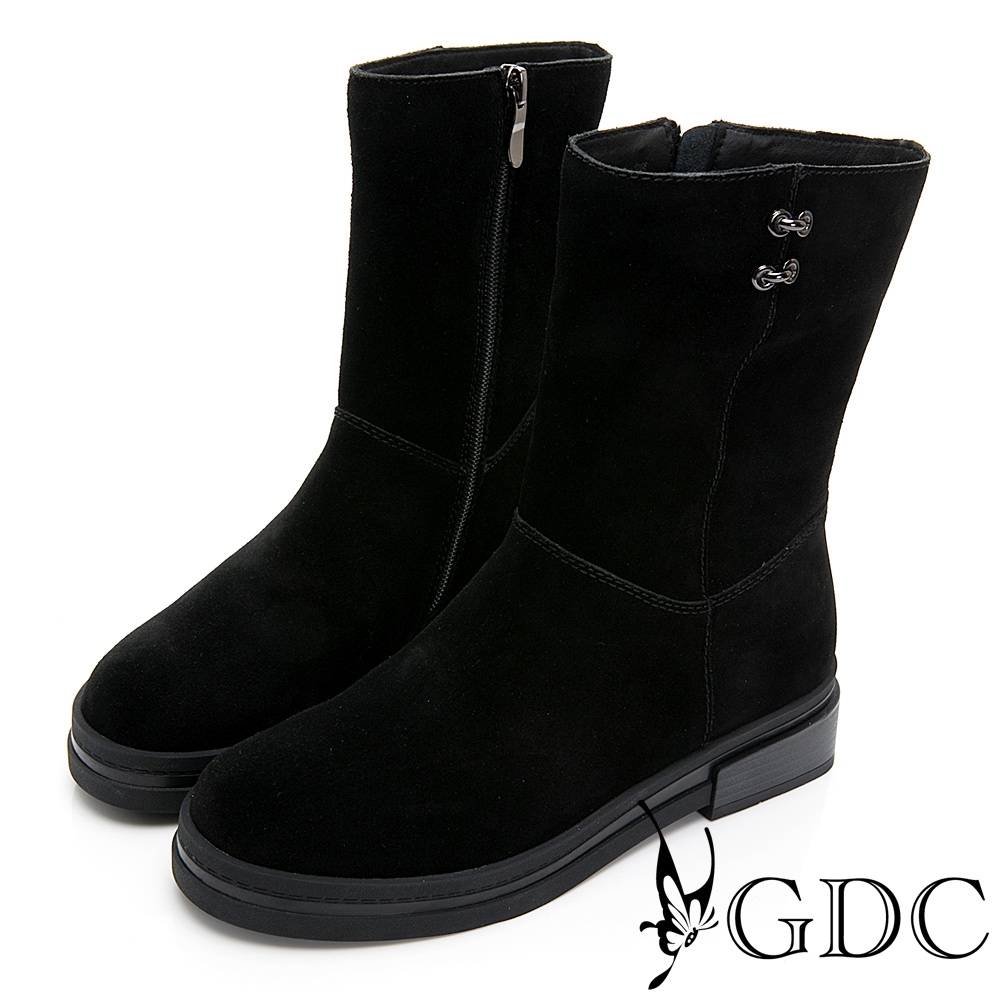 GDC-麂皮時尚簡約側扣飾舒適厚底中筒靴-黑色