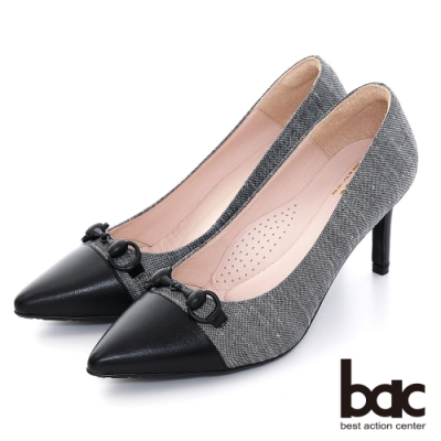 【bac】馬蹄飾釦異材質拼接尖頭高跟鞋-黑