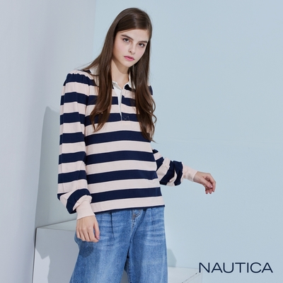 Nautica 女裝 經典撞色條紋長袖POLO衫-粉色