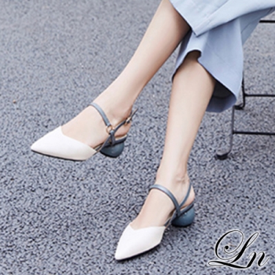 LN 現+預 仙女風氣質尖頭圓粗根包頭涼鞋(涼鞋高跟鞋)
