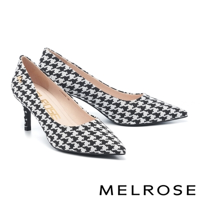 高跟鞋 MELROSE 美樂斯 質感簡約M字金屬飾釦布面尖頭高跟鞋－黑白