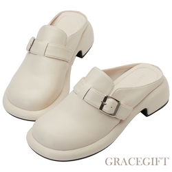 【Grace Gift】澎澎圓頭中跟穆勒拖鞋 杏