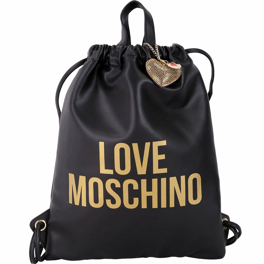 LOVE MOSCHINO 金字附鑽心吊飾束口皮革後背包(黑色)