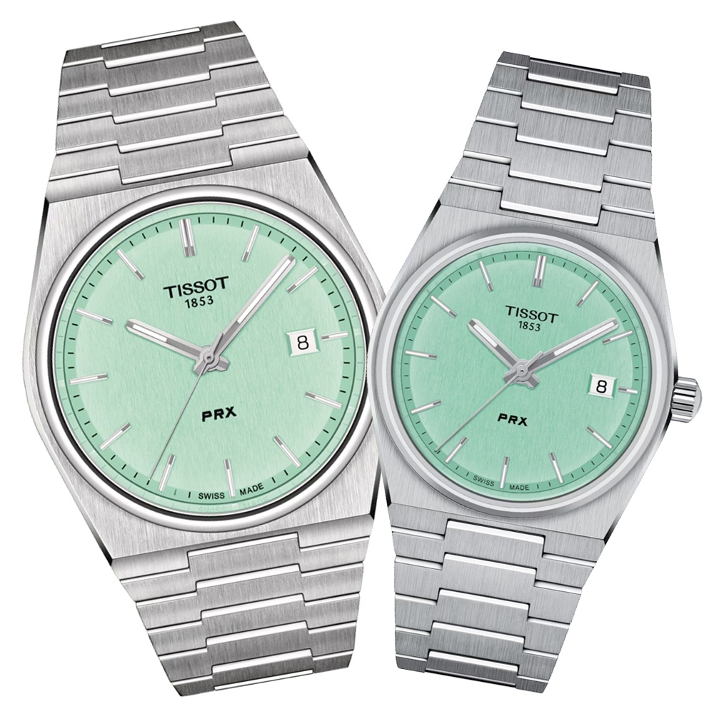 TISSOT天梭 官方授權 PRX系列 復古石英對錶-薄荷綠 母親節 禮物 / T1374101109101+T1372101109100