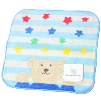 RAINBOW BEAR 日本製可愛小熊LOGO小方巾(橫條星星熊/粉藍)